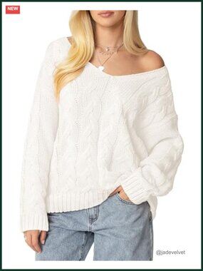 Oversized Cable Knit V-Neck Long Sleeve Pullover Sweater